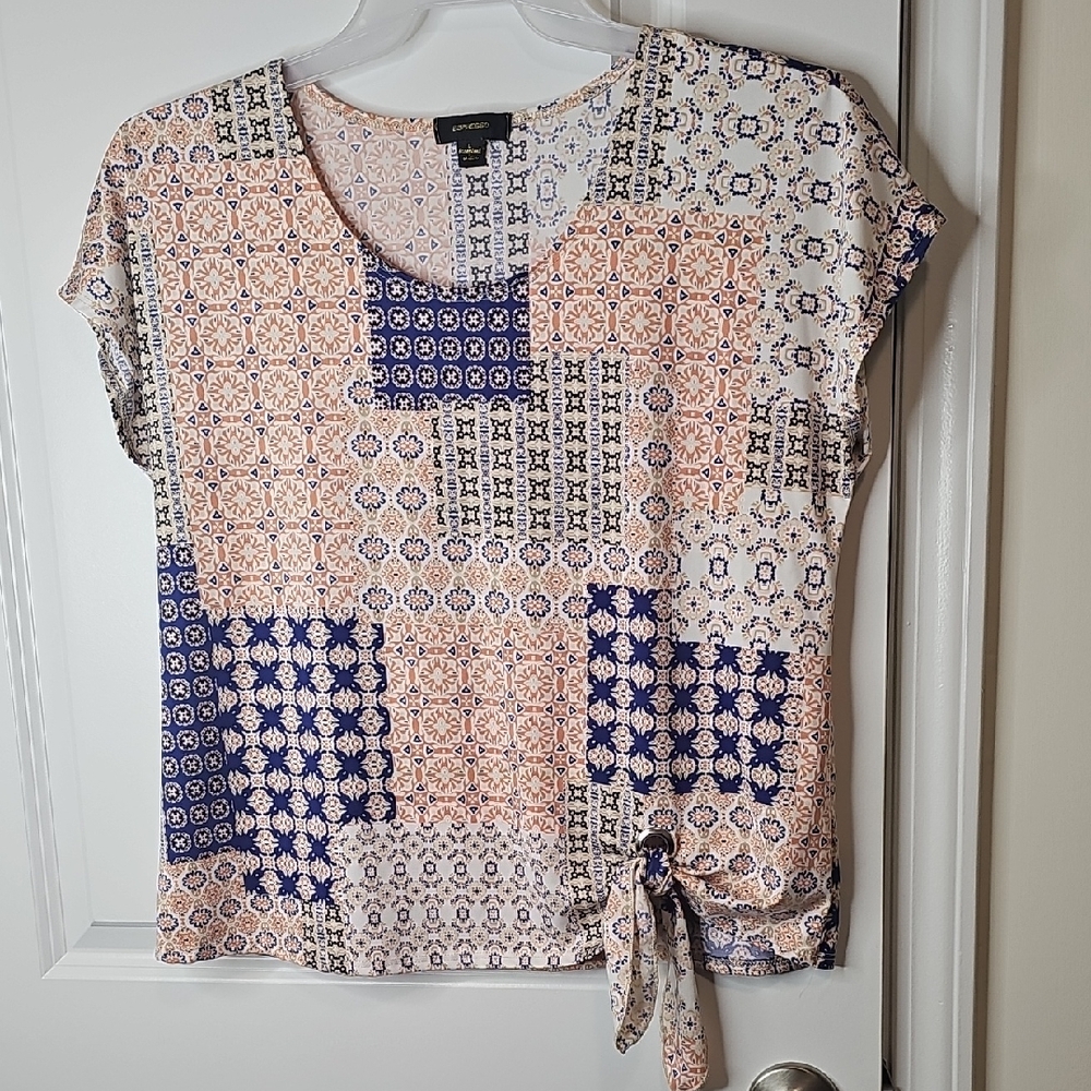 Espresso Women's Patchwork Short Sleeve Top - Navy and Peach Size L
